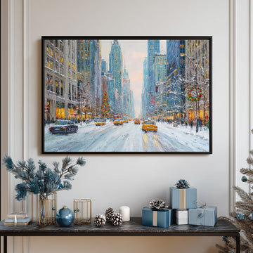 Snowy New York City Street Scene, Christmas Urban Wall Art, Winter Cityscape Painting