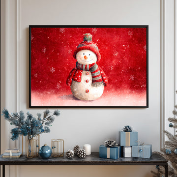 Cute Snowman Christmas Wall Art, Red Winter Holiday Print, Festive Snowflake Background, Cozy Seasonal Decor