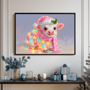 Cute Baby Cow Christmas Art Print, Pink Holiday Calf Illustration, Festive Lights Wall Decor