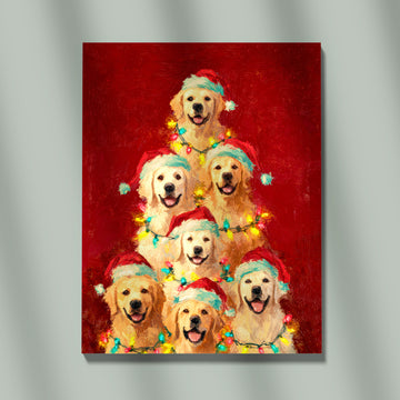 Christmas Golden Retriever Art Print, Cute Holiday Dog Pyramid Illustration, Festive Santa Hat Puppies Wall Decor, Warm Winter Pet Artwork