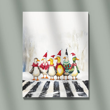 Christmas Ducks In Festive Sweaters Crossing Snowy Street, Whimsical Holiday Duck Print, Winter Animal Art