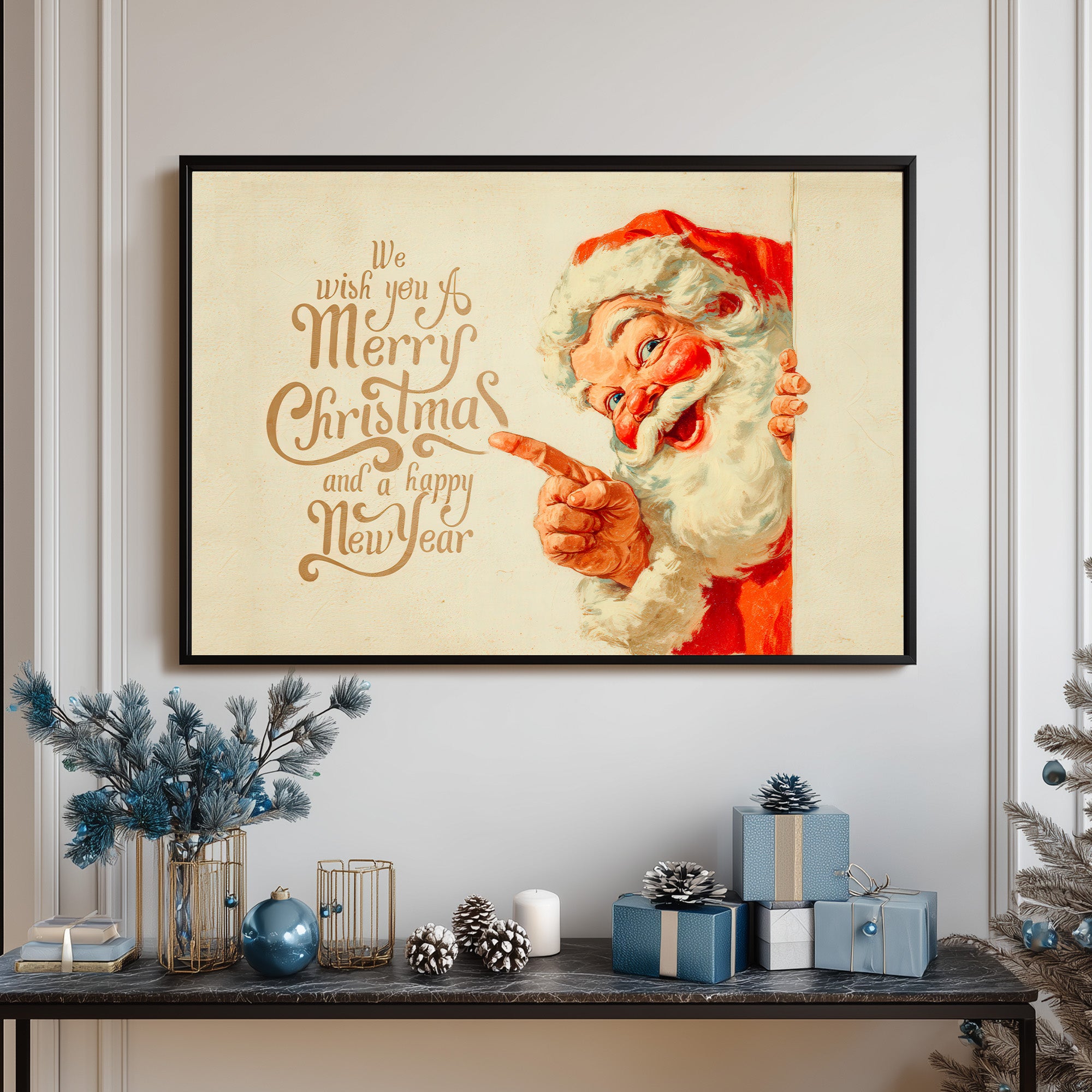 Warm Vintage Christmas Art Featuring Cheerful Santa Claus And Elegant Festive Typography Wishing Merry Christmas And A Happy New Year