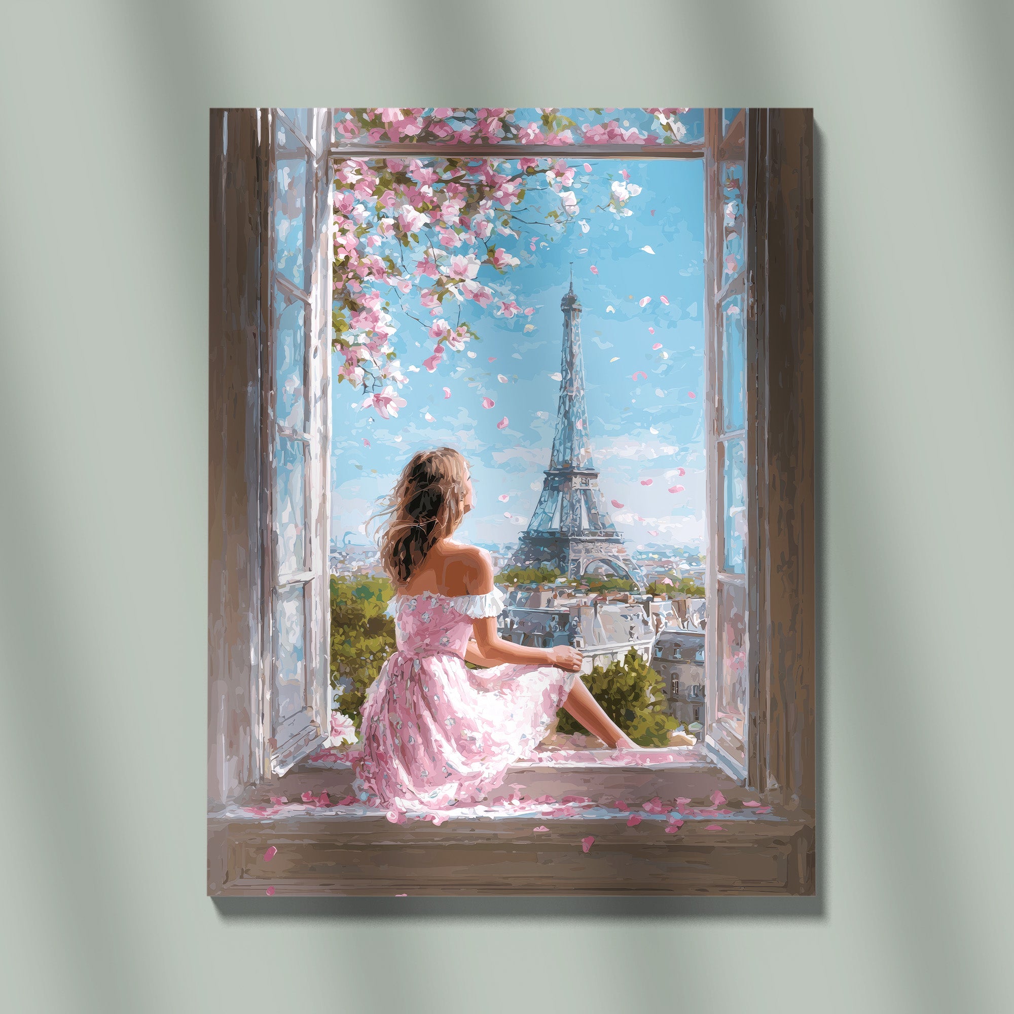Romantic Paris Window View With Girl In Pink Dress, Eiffel Tower Spring Art Print, Dreamy Floral Parisian