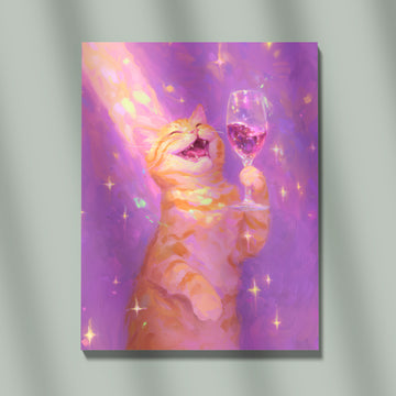 Whimsical Laughing Cat With Wine Glass, Magical Sparkle Art Print, Playful Fantasy Cat, Vibrant Purple