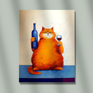 Cheerful Orange Cat With Wine Bottle And Glass, Humorous Cat Art Print, Playful Wine Lover Illustration