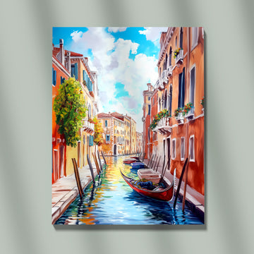 Vibrant Venice Canal Scene With Colorful Buildings, Reflections On Water, And A Lone Gondola Capturing The Romantic Essence Of Italy