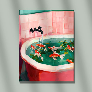 Vibrant Koi Fish Swimming Gracefully In A Retro Pink Bathtub Surrounded By Lush Green Leaves And Soft Artistic Brushstrokes