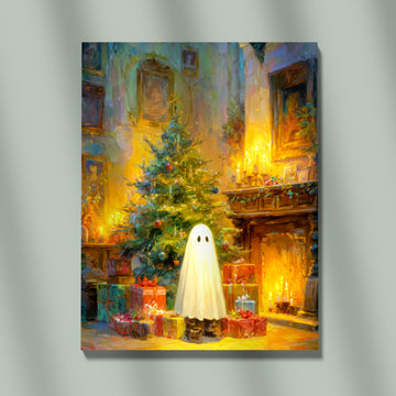 Whimsical Christmas Ghost Amid Glowing Holiday Lights And Festive Presents In A Warm Enchanted Living Room Setting