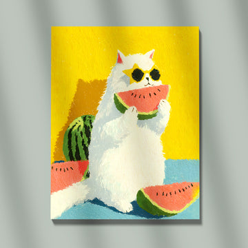 Charming White Cat Enjoying Juicy Watermelon Under Bright Summer Light In A Playful Colorful Scene With Bold Contrasting Shades