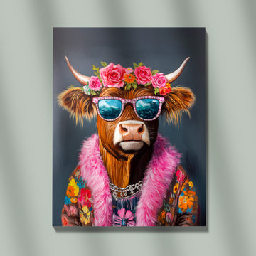 Glamorous Highland Cow Portrait Wearing Pink Fur, Flower Crown, And Reflective Sunglasses Against A Dark Moody Background