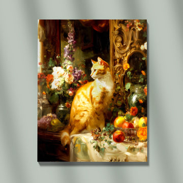 Baroque Style Oil Painting Of An Orange Tabby Cat Amidst Lush Flowers, Ripe Fruits, And A Gilded Mirror