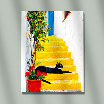 Black Cat Resting On Bright Yellow Mediterranean Steps With Vibrant Flowers And Sunlit Textures In A Peaceful Artistic Summer Scene