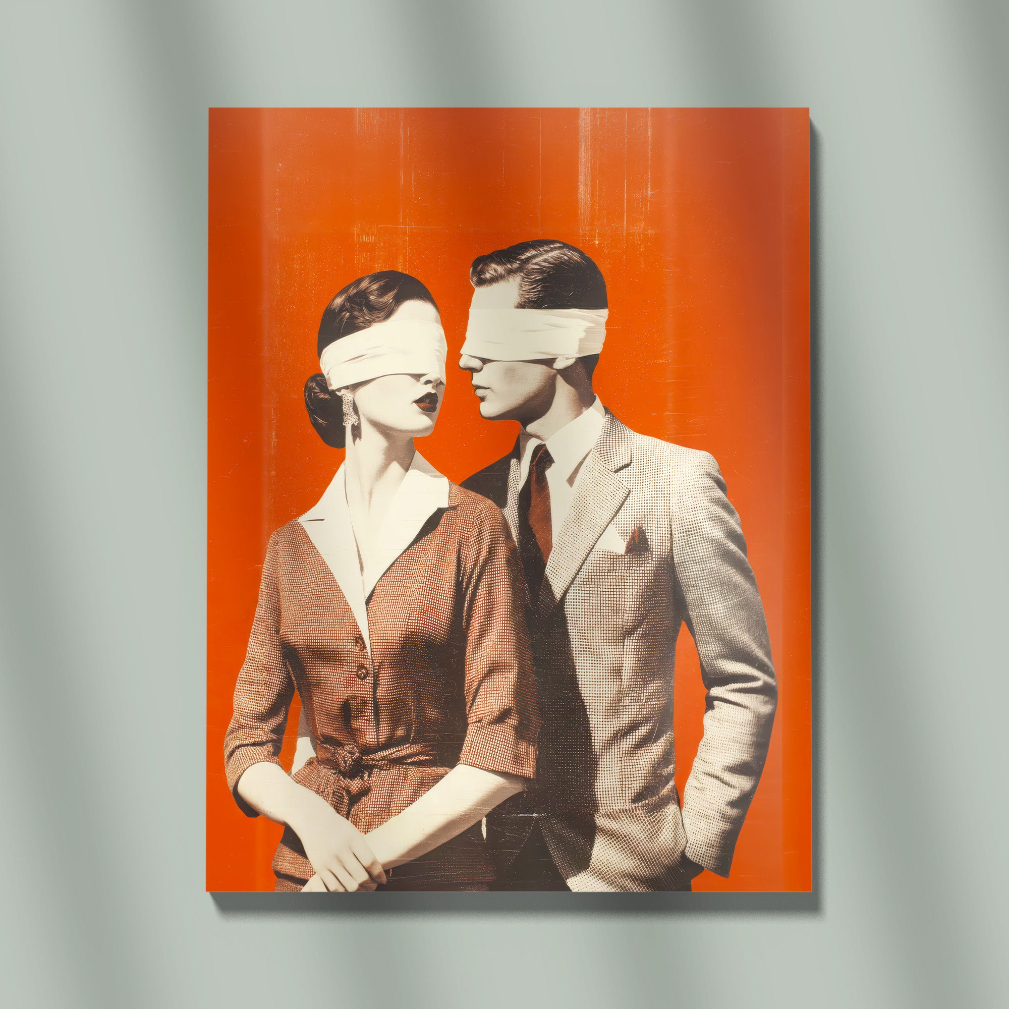 Blindfolded Vintage Couple Standing Together Against Bold Orange Backdrop In Retro Artwork Filled With Mystery, Elegance, And Timeless Style