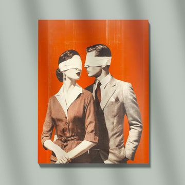 Blindfolded Vintage Couple Standing Together Against Bold Orange Backdrop In Retro Artwork Filled With Mystery, Elegance, And Timeless Style