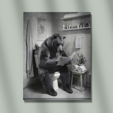 Majestic Bathroom Moment Of A Bear Reading A Newspaper In A Serene Monochrome Setting With Soft Lighting And Detailed Realistic Texture