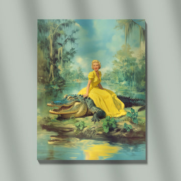 Vintage Pin-Up Art: Blonde Woman In Bright Yellow Dress Posing Fearlessly On A Large Alligator In A Misty Bayou Swamp