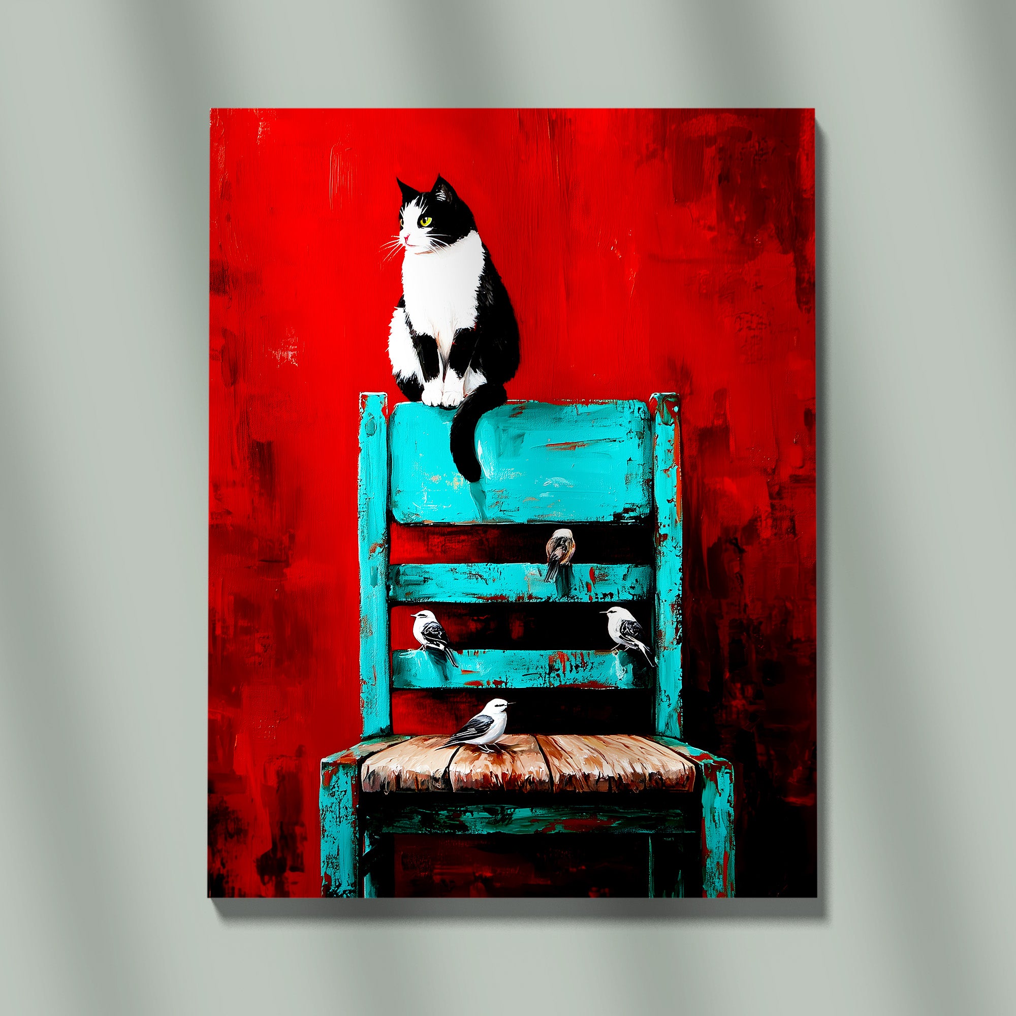 Striking Black And White Cat Sitting On A Textured Teal Chair Against A Bold, Expressive Red Background Pop Art Style