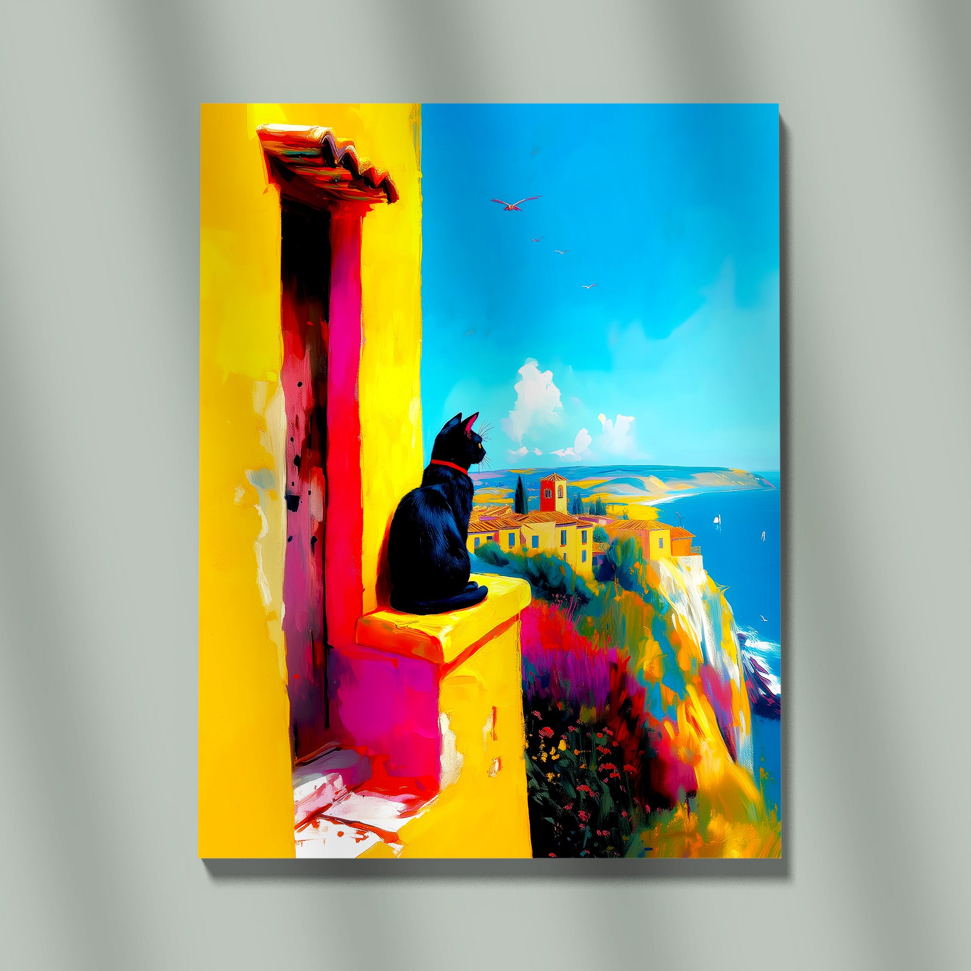 Vibrant Mediterranean Seascape Painting With Black Cat On A Yellow Balcony Overlooking Colorful Coastal Town