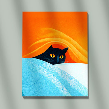Striking Black Cat With Bright Yellow Eyes Peeking From Under A Textured Blue Blanket Against A Bold Orange Backdrop