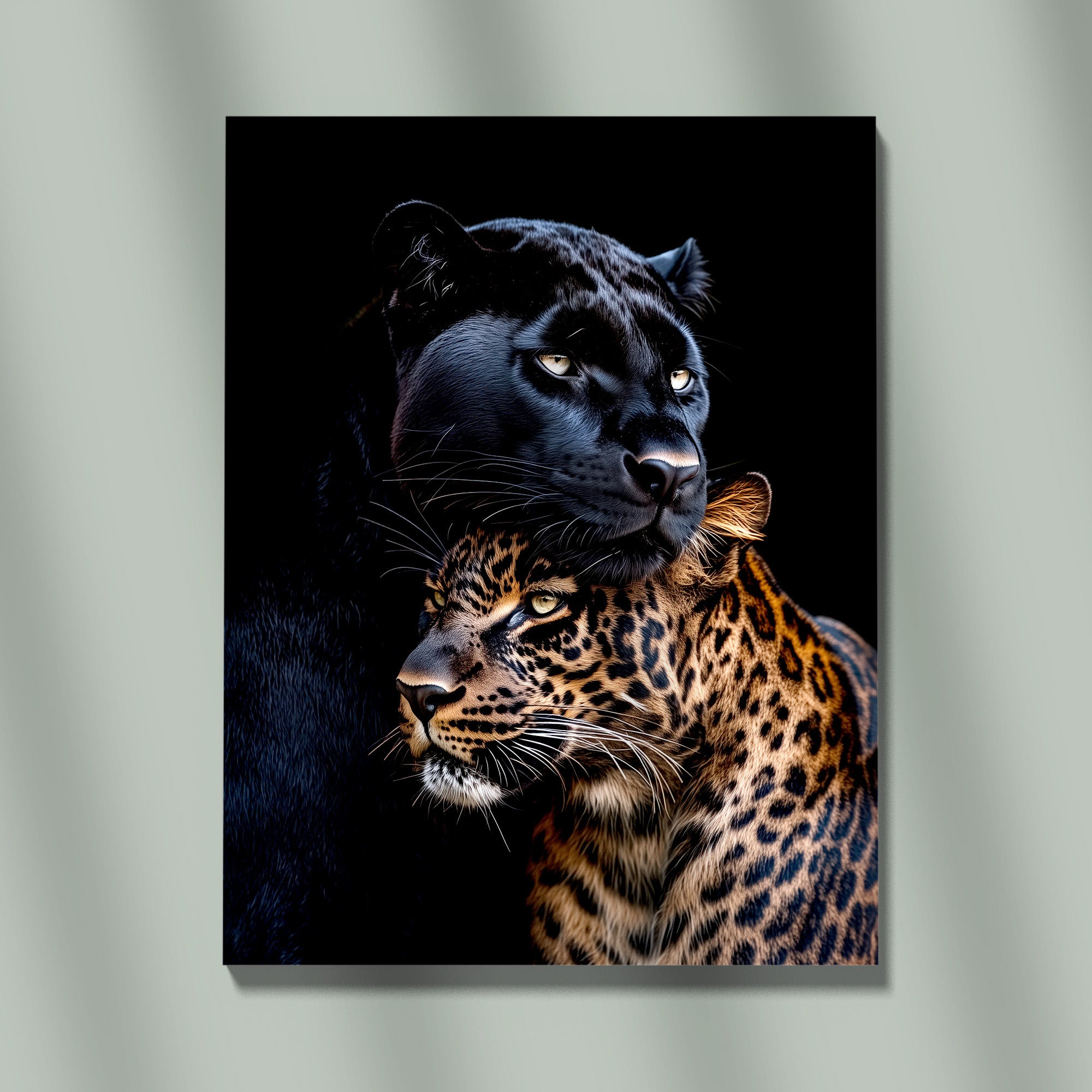 Striking Portrait Of Black Panther And Leopard Couple Embracing With Intense Yellow Eyes Against A Dark Background