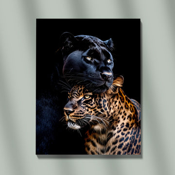 Striking Portrait Of Black Panther And Leopard Couple Embracing With Intense Yellow Eyes Against A Dark Background