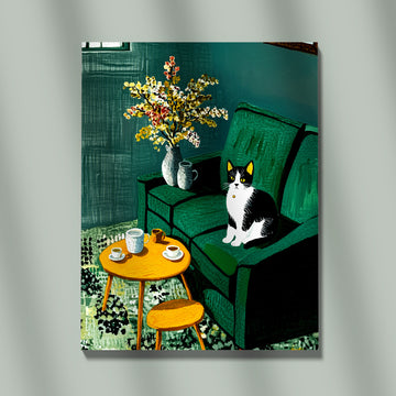 Charming Tuxedo Cat Sitting On A Deep Emerald Green Sofa Next To A Sunny Yellow Table In A Moody Contemporary Interior