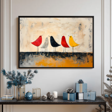 Colorful Modern Bird Art Featuring Minimalist Red, Yellow, Black, And White Birds Standing Together On A Textured Abstract Background