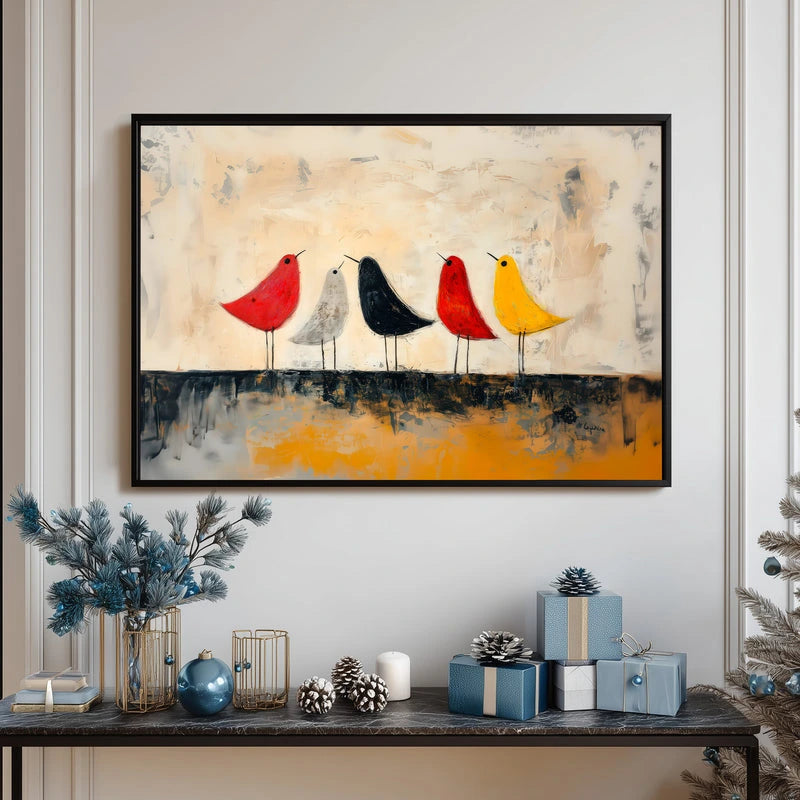 Bring your walls to life with this vibrant bird art poster! Featuring a playful collection of minimalist birds in bold reds, sunny yellows, crisp blacks, and clean whites, this piece pops against an abstract background that sparks conversation. Perfect for adding personality to any room—whether it's a cozy bedroom, creative workspace, or modern living area. The striking color palette and contemporary design make it an instant mood-lifter that celebrates nature with a fun, artistic twist. A must-have for bir