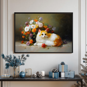 Elegant Floral Still Life With Adorable White And Orange Cat Resting Beside Colorful Blossoms In Soft Classic Oil Painting Style