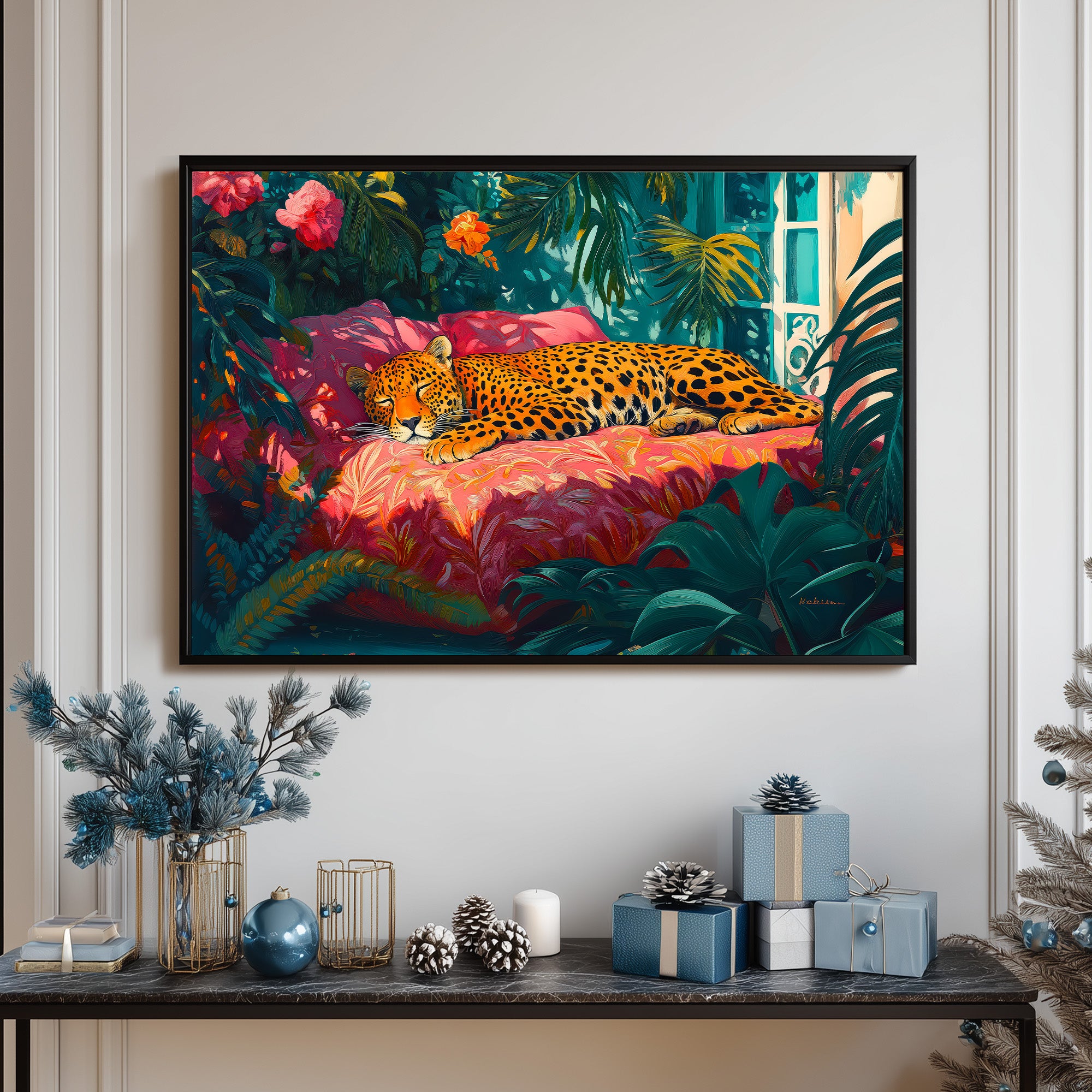 Lush Tropical Paradise Painting With Leopard Sleeping On A Pink Floral Daybed Surrounded By Exotic Foliage And Flowers