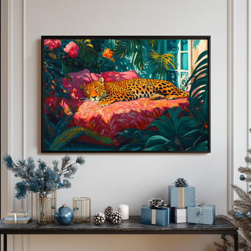 Lush Tropical Paradise Painting With Leopard Sleeping On A Pink Floral Daybed Surrounded By Exotic Foliage And Flowers
