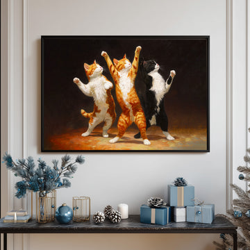 Charming Oil Painting Of Three Happy Kittens Dancing With Paws Raised Against A Dark, Dramatic Vintage Background