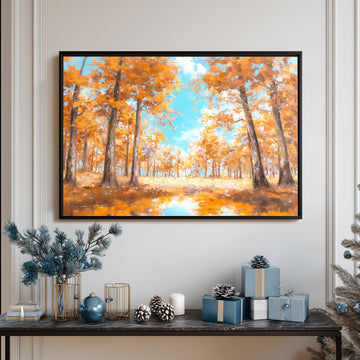 Expressive Oil Painting Of Autumn Forest With Intense Orange And Gold Foliage Under A Bright, Clear Blue Sky