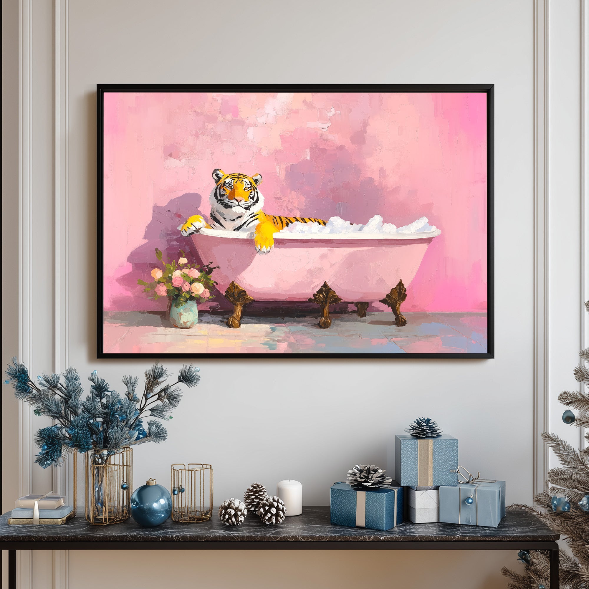 Humorous And Chic Pop Art Painting Of A Majestic Tiger Relaxing In A Bubble Bath In A Vintage Pink Clawfoot Tub