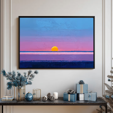 Striking Abstract Sunset Painting With Bold Horizontal Layers Of Purple, Blue, And Pink Under A Vibrant Yellow Sun