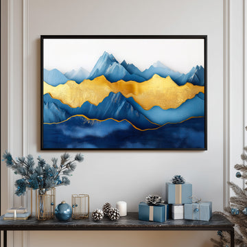 Stunning Abstract 3D Layered Mountain Landscape Painting In Deep Blue Tones With A Bold Central Gold Leaf Embellishment