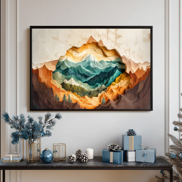 Stunning Abstract 3D Layered Mountain Landscape Painting In Deep Blue Tones With A Bold Central Gold Leaf Embellishment