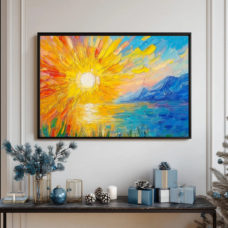Wake up to the magic of a golden sunrise with this stunning impasto poster! Featuring a textured yellow sun bursting over calm ocean waters, complemented by cool blue mountains in the distance, this piece brings warmth and serenity to any space. The bold brushwork and dimensional details create an eye-catching focal point that transforms your walls into a gallery-worthy display. Perfect for adding a splash of color and artistic flair to bedrooms, living rooms, or creative spaces. Let this radiant scene insp