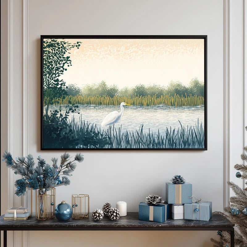 Introducing a delightfully calm companion for your walls! This minimalist poster captures a majestic great stork in its natural habitat, gracefully poised at the water's edge surrounded by gentle marsh grasses. The serene composition brings a touch of nature's quiet beauty into any room, perfect for creating a peaceful, contemplative atmosphere. With its clean lines and soothing aesthetic, this artwork transforms spaces into tranquil retreats. Whether you're a nature lover, bird enthusiast, or simply seekin