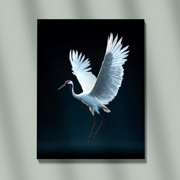 Striking Red-Crowned Crane Painting In Flight With Large White Wings Outstretched Against A Dramatic Dark, Moody Background