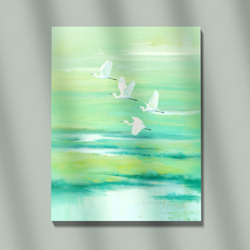 Serene Abstract Landscape Painting Featuring Four Elegant White Egrets Flying Over A Soft Blurry Green And Teal Water Scene