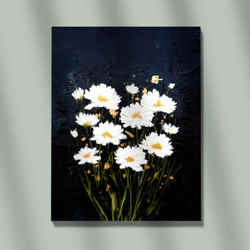 Stunning Textured Daisy Flower Painting With Thick Palette Knife Oil Paint And Gold Leaf Embellishment On A Dark Black Canvas