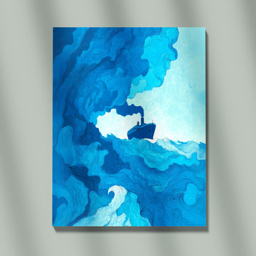 Dramatic Nautical Painting: Stylized Blue Ship Navigating Through Enormous Curling Waves And Tempestuous Blue Water Layers