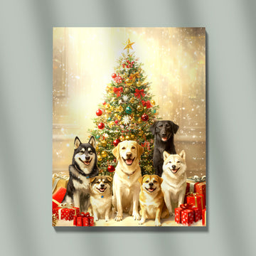 Heartwarming Group Portrait Of Happy Dogs (Labrador, Husky, Corgi) Sitting Under A Sparkling Christmas Tree With Gifts