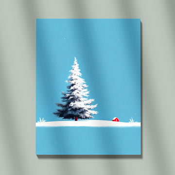 Minimalist Winter Landscape Painting: Isolated Snow-Covered Christmas Tree With Small Red Cabin Against A Clear Blue Sky