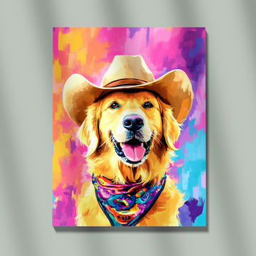 Vibrant Pop Art Portrait Of A Happy Golden Retriever Dog Wearing A Classic Cowboy Hat And A Brightly Colored Bandana