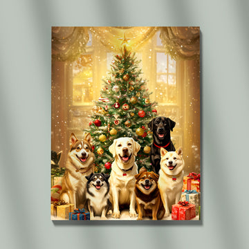 Heartwarming Group Portrait Of Happy Dogs Sitting Posing Around A Fully Decorated Christmas Tree Near A Snowy Window