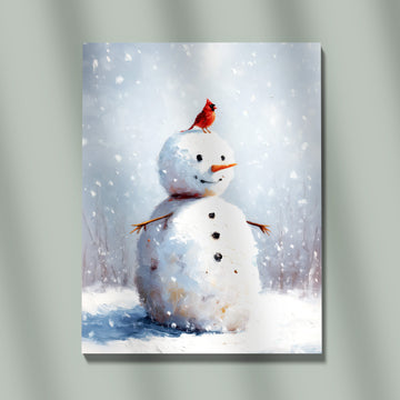 Impressionist Winter Painting Of A Happy Snowman Adorned With A Bright Red Cardinal Bird Against A Snowy Backdrop