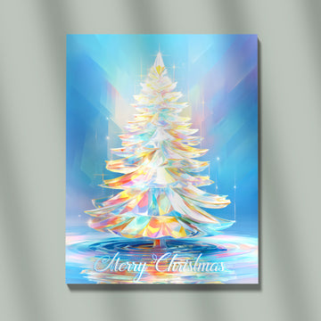 Luminous Abstract Christmas Tree Art Rendered In Faceted Crystal And Rainbow Colors Against A Sparkling Blue Radiating Background