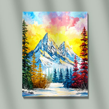 Vibrant Impasto Oil Painting Of Snow-Capped Mountains Surrounded By Colorful Forest Foliage Under A Golden Yellow Sky